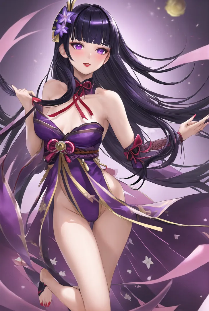 黒い長髪に紫の花飾りを添えた美少女が、紫と金色の優雅な衣装に身を包み、夜の星空の中で柔らかく微笑んでいます。神秘的で幻想的な雰囲気が漂うアニメ調イラスト。