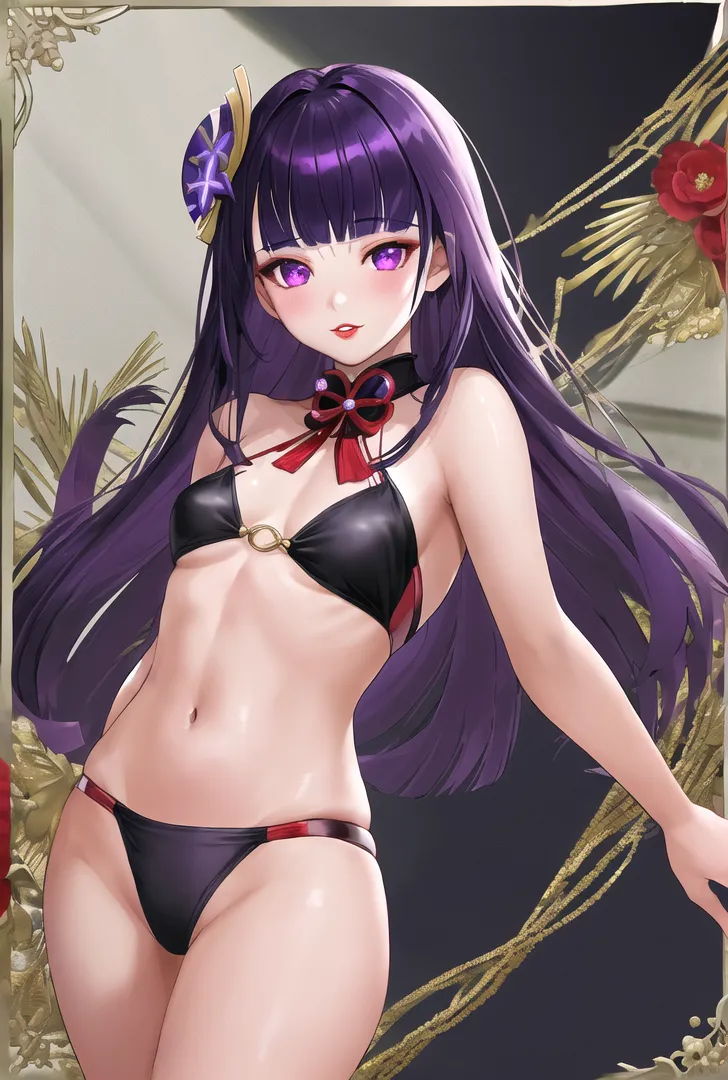 深紫色のロングヘアに金色の花飾りを留めた優雅な美少女イラストです。黒のビスチェに赤いリボンを合わせた華やかな衣装と、紫色に輝く瞳が印象的な一枚。和風の装飾と高級感ある背景が洗練された雰囲気を引き出しています。