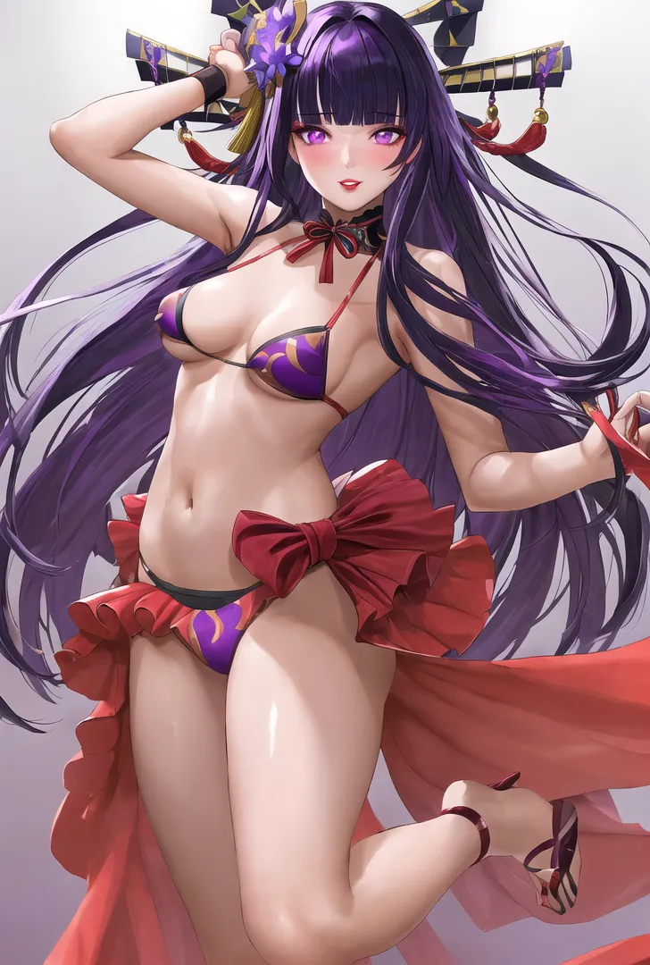 深紫色の長髪と金色の髪飾りが特徴的な、和風の優雅な美少女イラストです。赤い蝶結びのアクセントと幾何学的な背景が、洗練された雰囲気を引き立てています。
