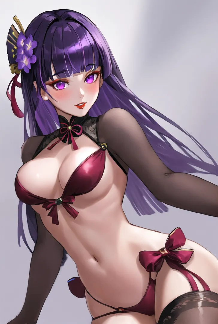 鮮やかな紫色の長髪と輝く瞳が特徴的な、アニメ調の美少女イラストです。黒のシアー素材とワインレッドのリボンで飾られた洗練されたコーディネートと、花飾りで彩られたヘアスタイルが、優雅で艶やかな雰囲気を演出しています。