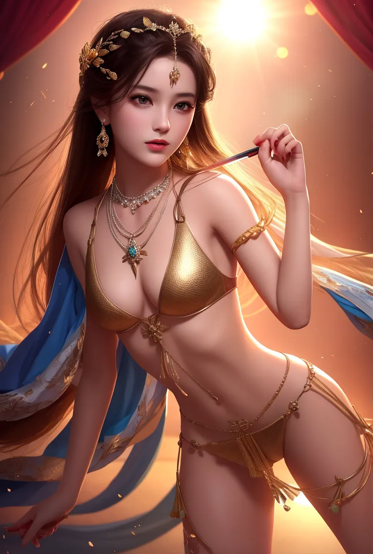 温かみのあるオレンジ色に包まれた幻想的なシーン。精緻なアクセサリーと流れるような布を身につけた優雅な美少女のポートレートです。神秘的な光と細かな装飾が、高級感のある世界観を表現しています。