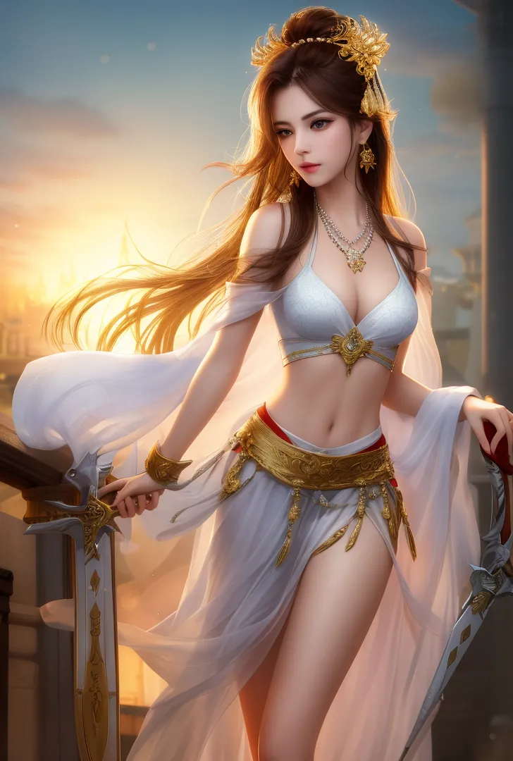 ゴールドのアクセサリーと白いドレスで装われた優雅な女性が、夕焼けの背景の中で神秘的な表情を見せるアニメ調イラスト。ロングヘアと古典的な髪飾りが、洗練された雰囲気を演出しています。