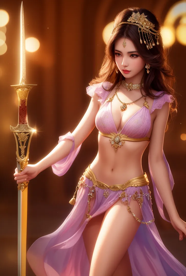 紫色の優雅なドレスと黄金の装飾品で身を包んだ美少女戦士が、輝く剣を握る。ティアラと宝石で彩られた姿から高貴な決意が伝わり、温かみのある光の中で幻想的に描かれています。