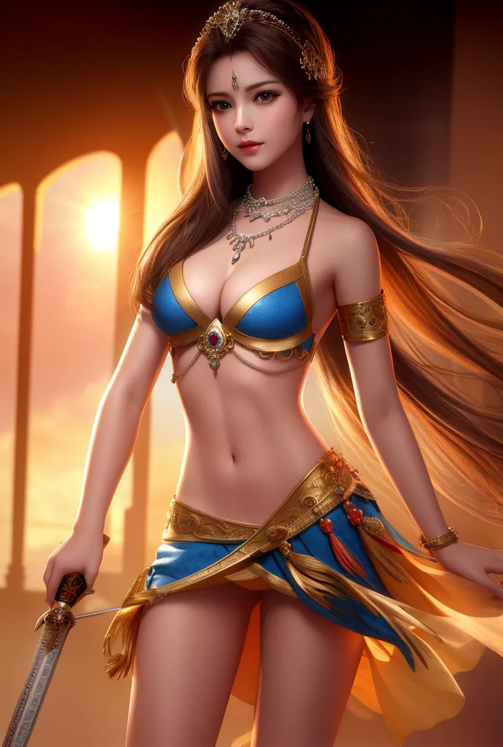 青と金色の装備を身にまとった凛々しい表情の女性が、光に包まれた神秘的な背景の中で刀を携えている。和風の装飾品とエレガントな長髪が、温かみのある照明に照らされた美しいアニメ調イラストです。