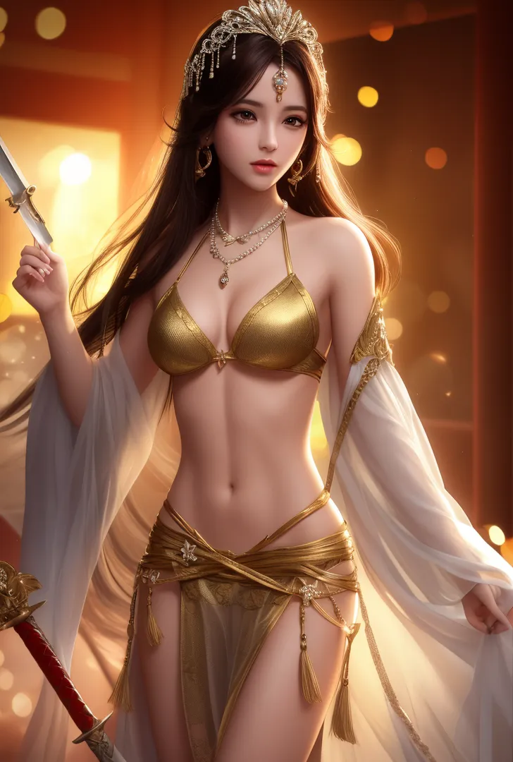 優雅な王冠と装飾品で身を整えた美少女が、白いドレープと黄金色の衣装でファンタジーな世界観を演出しています。温かみのある光が背景に溶け込み、幻想的で高貴な雰囲気が漂う一枚です。