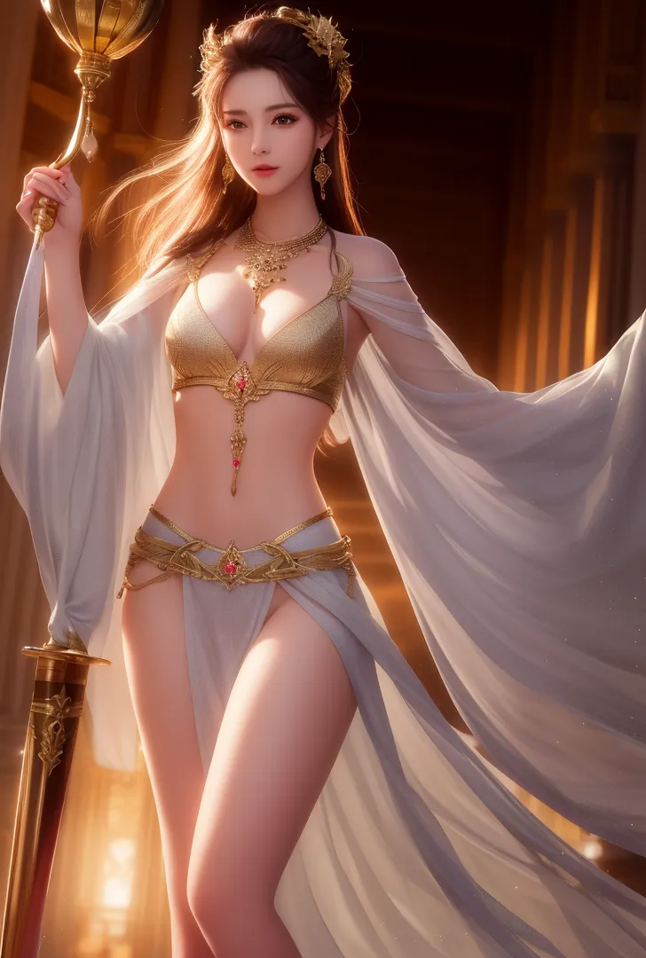 白いドレスと金色の装飾品で身を包んだ美少女が、燦然と輝く宮殿の玉座の間に立つ。優雅なポーズで光の杖を握り、柔らかく流れる白いマントが背後に舞い、神秘的で気品溢れる雰囲気を醸し出しています。