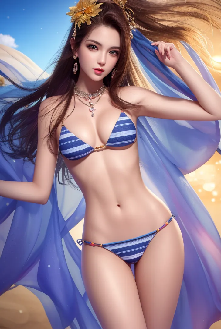 青と金色に染まる海辺で、ゴールドのアクセサリーと花飾りで装った美少女が、透明感のある肌と深い眼差しで正面を向いています。流れる布地と陽光に包まれた夏の情景です。