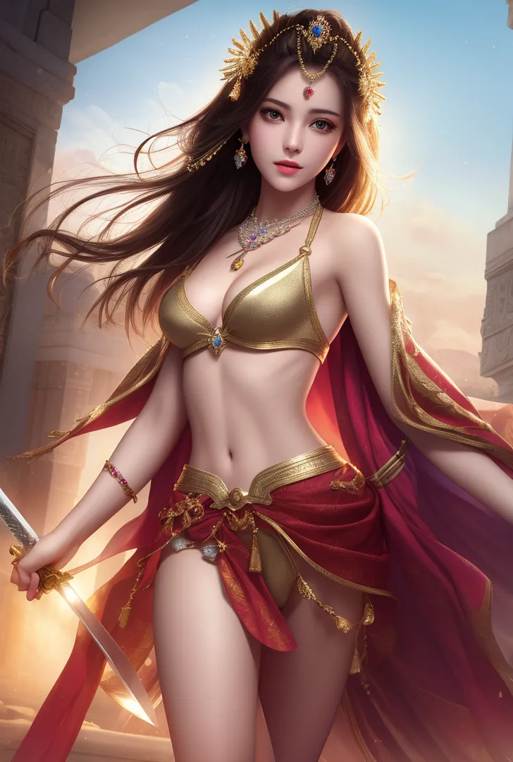 黒髪を流す美少女が、金と赤の古代衣装に身を包み、宝石をあしらった頭飾りと首飾りで装われたファンタジー風のポートレート。夕焼けの古代遺跡を背景に、神秘的で優雅な雰囲気を放つアニメ調イラストです。