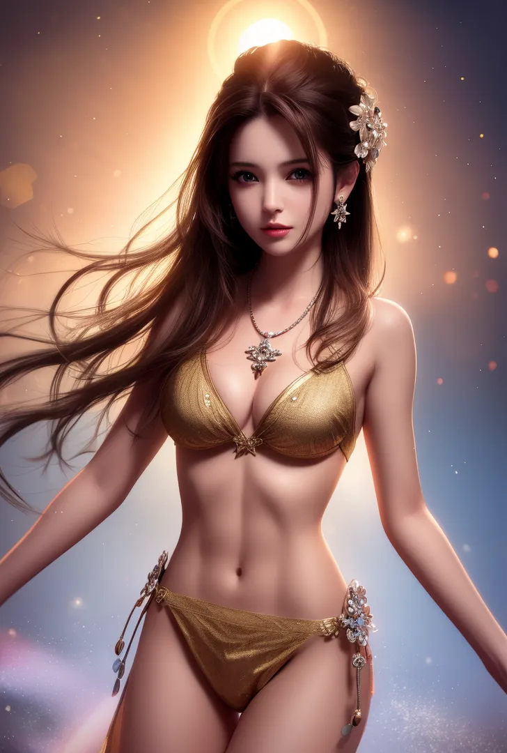 黄金色のドレスに身を包み、長く流れる茶髪を優雅に靡かせる美少女のAIイラスト。月の光が背景に柔らかく映り込み、宝石のようなアクセサリーが神秘的な雰囲気を引き出す高級感あるファンタジー作品です。