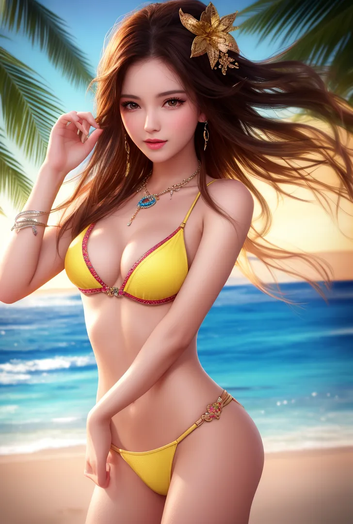 青い海と椰子の木に囲まれたビーチで、金色のアクセサリーを身につけた長髪の美少女が爽やかに微笑む。黄色い水着とダイヤモンドのような髪飾りが、南国の陽光に美しく映える一枚です。