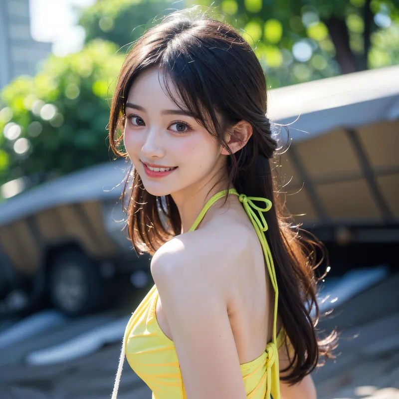 緑溢れる屋外で、黄色いトップスを身につけた女性が振り返り微笑む。自然光に照らされた柔らかな表情と、長く流れる黒髪のコントラストが美しい清涼感あるイラストです。