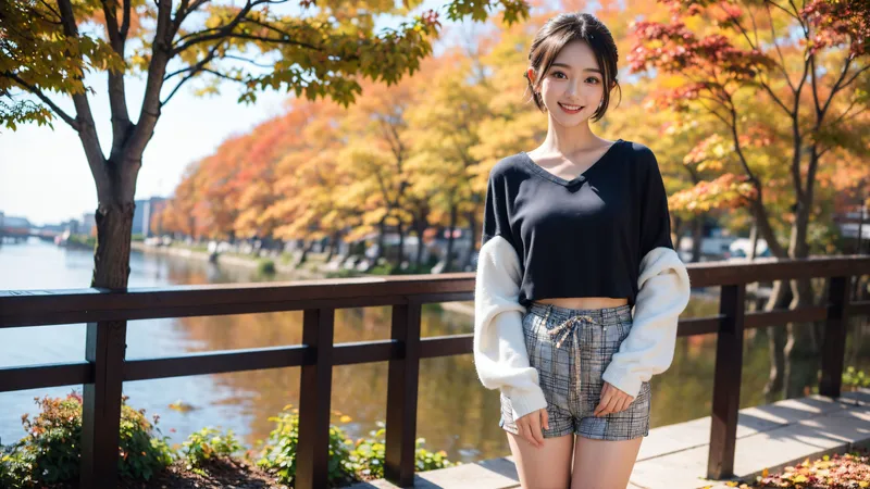 紅葉が色づく秋の湖畔で、黒いVネックトップにチェック柄ショートパンツを合わせた清楚な雰囲気の少女が、柔らかな笑顔で佇んでいます。木造の手すりと水辺の背景が、上品で落ち着いた季節感を演出する一枚です。