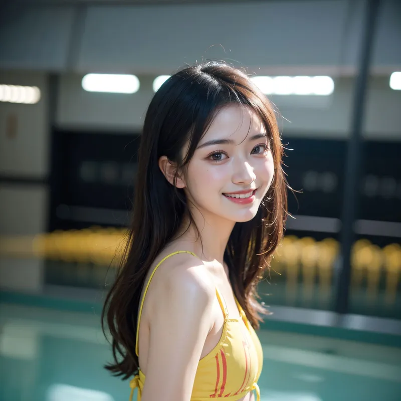 黄色い水着姿で、長い黒髪をなびかせながら微笑む美少女のポートレート。プールの爽やかな光が肌を優しく照らし、夏らしい清涼感のあるアニメ調イラストです。