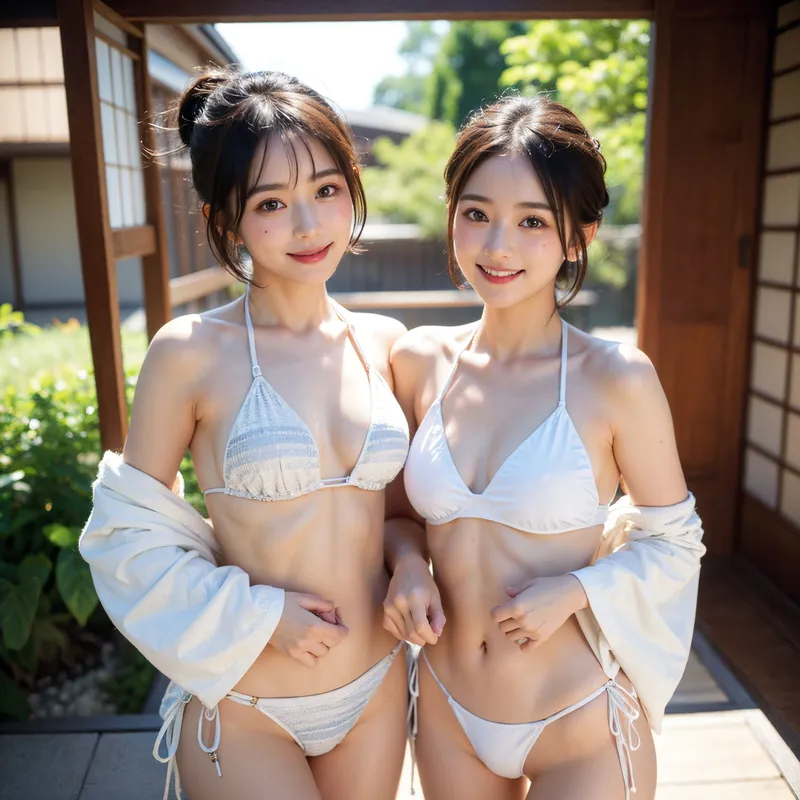 日本家屋の縁側を背景に、白い水着姿で肩に薄布を羽織った二人の少女が並んで笑顔を見せています。夏の日差しが肌に優しく映り、緑の庭園と木造建築が爽やかな雰囲気を演出する一枚です。