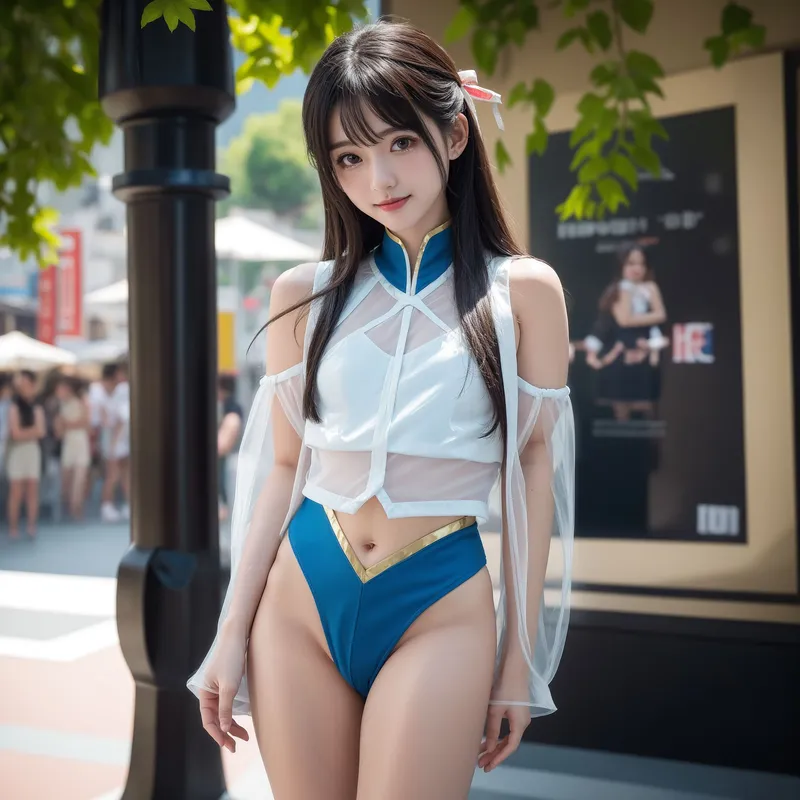 夏の屋外で、白のセーラー調トップスと青のボトムスを合わせた清涼感溢れる装いの少女。長い黒髪にリボンを結び、背景の街並みと緑の葉が優しく調和した爽やかなポートレートです。