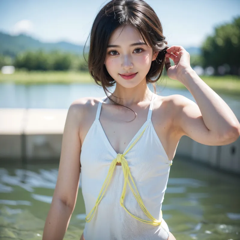 湖畔の自然光に包まれた美少女のポートレート。白いシンプルな水着に黄色いアクセサリーを合わせ、髪をかき上げるしぐさで爽やかな表情を見せています。背景の緑の山々と水面が清涼感を引き立てる夏の一枚です。