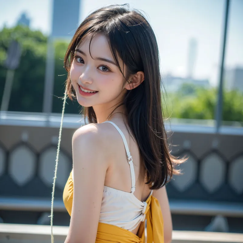 高層ビルが見守る屋外で、黄色と白のワンピースを身に纏った美少女が柔らかな笑顔で振り返る。長い黒髪が陽光に透ける優雅な表情が印象的です。