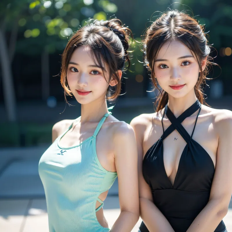 清潔感あふれる屋外で、ミントグリーンと黒のトップスを着た二人の美少女が、柔らかな笑顔で佇んでいます。アップスタイルにまとめた髪と自然な表情が、夏のファッション撮影の魅力を引き出しています。