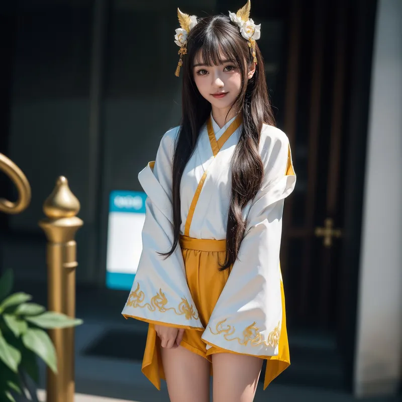 白地に金の装飾が施された漢服を身にまとい、黒髪に花飾りを挿した清楚で優雅な表情の女性。東洋風の古典美が漂う高級感のあるポートレート作品です。
