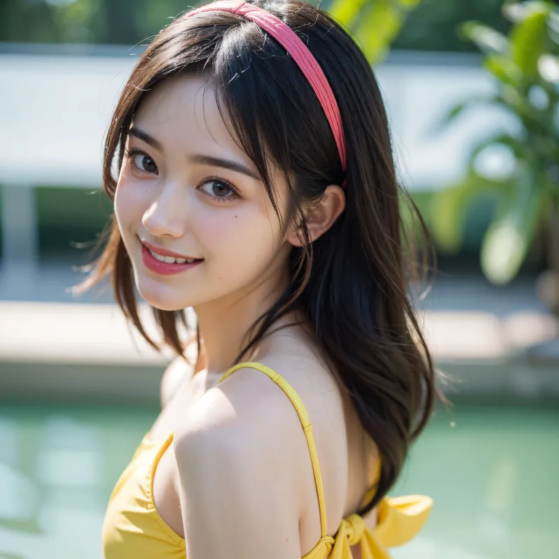 水辺の庭園で振り返る少女のポートレート。黒く長い髪にピンク色のリボンを結い、黄色いトップスを着た清楚な表情が印象的です。柔らかい自然光と緑に囲まれた屋外での爽やかな一枚。