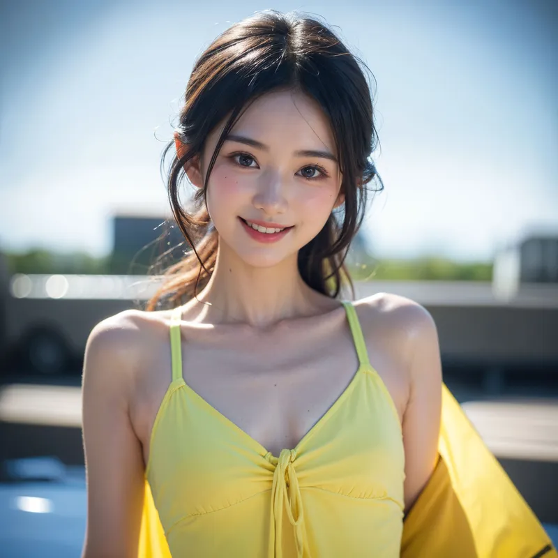 青空と水辺の背景で、黄色いキャミソールをさらりと着こなす長髪の美少女が爽やかな笑顔を浮かべています。日差しを浴びた透明感のあるポートレートです。