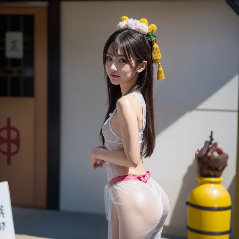 黒髪に黄色と白のポンポン髪飾りと房飾りをあしらった美少女が、古典建築の背景で優雅に振り返る姿を捉えたポートレート。柔らかい自然光が清楚な雰囲気を引き立てています。