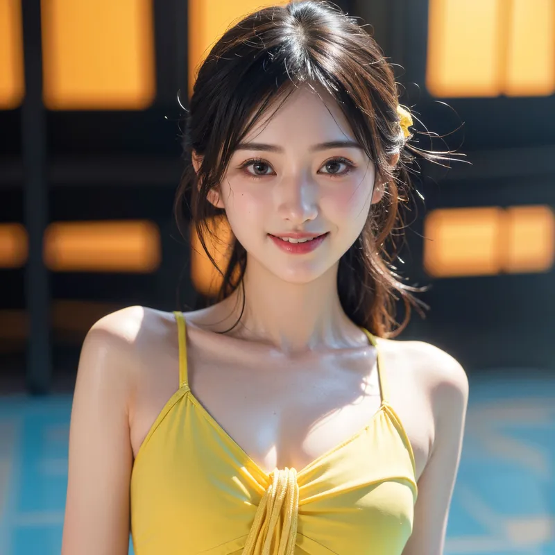 黄色のタンクトップを着た美少女が、オレンジ色に染まる夕暮れの照明の中でプールサイドに佇んでいます。柔らかく灯された背景と爽やかな笑顔が、夏の夜の雰囲気を引き立てるポートレートです。