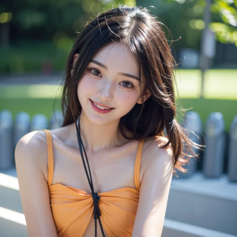 緑豊かな公園で、黄色いキャミソールを着た長髪の美少女が爽やかな笑顔を見せています。自然光が顔を柔らかく照らし、清潔感のある夏らしい一枚です。