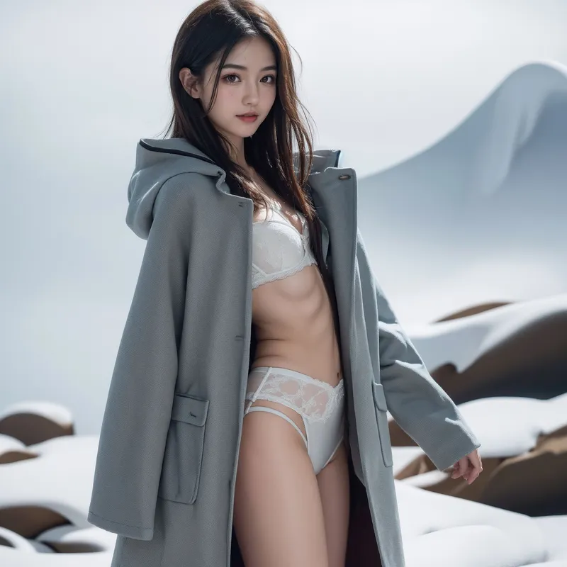 清潔感のある表情で雪に覆われた山々を背景に立つポートレート。グレーのロングコートを羽織った洗練された装いで、冬の神秘的な世界観を表現しています。
