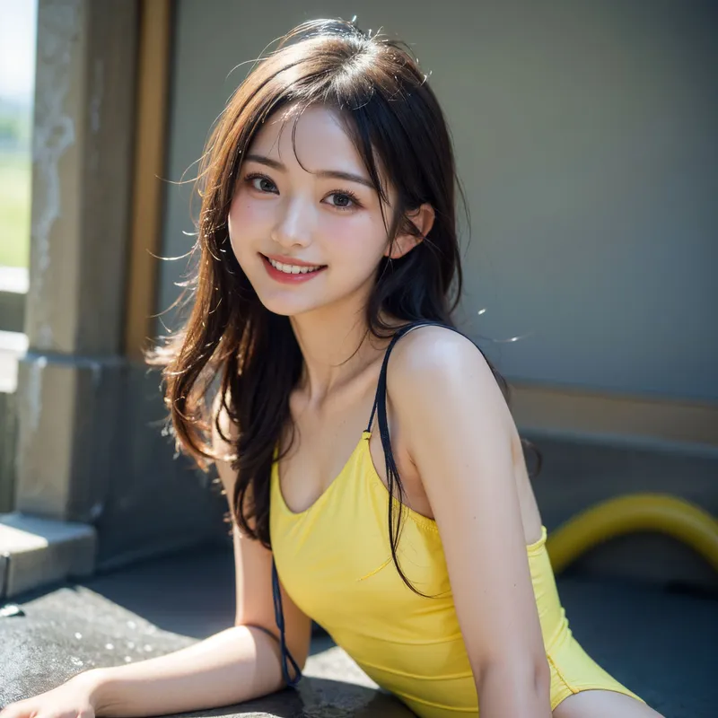 窓からの自然光を浴びた室内で、黒い長髪を優しく流した美少女が振り返り、爽やかな笑顔を見せるポートレート。明るい黄色のキャミソール姿で、清潔感あふれる表情が印象的です。