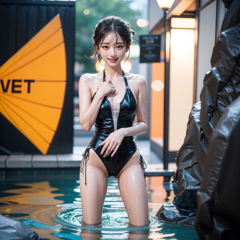 黒い光沢のある水着姿で、ネオン光に照らされた夜間のプール環境に佇む少女。黒髪を纏めた清潔感のある表情と、黄色と青色の光が交錯する都会的な背景が印象的なイラストです。