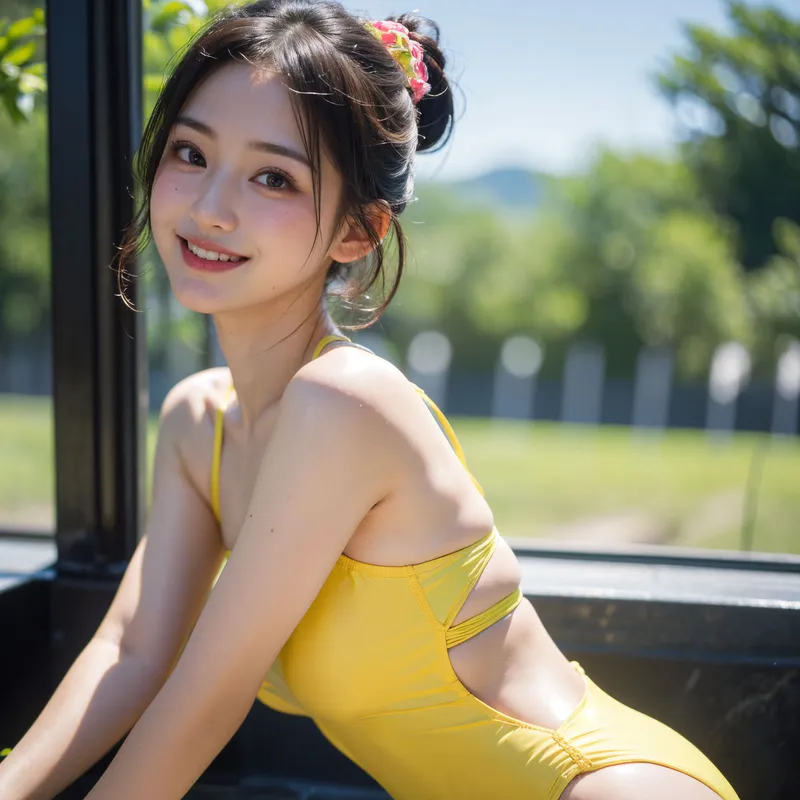 黄色のワンピースに花飾りを付けた少女が、緑豊かな庭を背景に窓辺で微笑む。清涼感のある夏らしいポートレートイラストです。