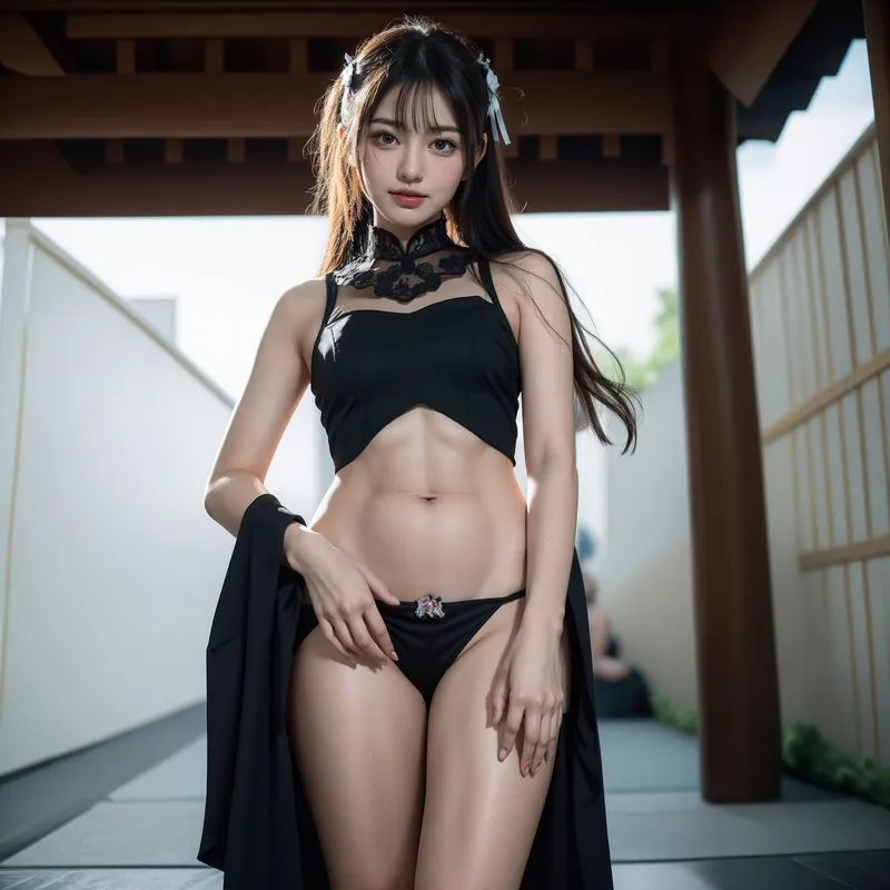 白基調の和風建築空間に立つ黒髪の美少女。黒いレースのハイネックと黒のミニスカート、羽織を組み合わせた和洋折衷のエレガントなスタイルが印象的です。光と影が美しく顔立ちを引き立てるポートレート作品。