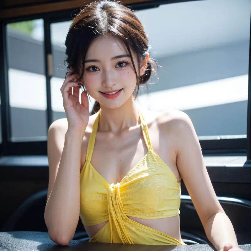 明るい黄色のハーフトップを身にまとった女性が、窓辺の清潔感あふれる空間で優しく微笑んでいます。アップスタイルにまとめた髪と自然な表情が、夏らしい爽やかな魅力を引き出すポートレートです。