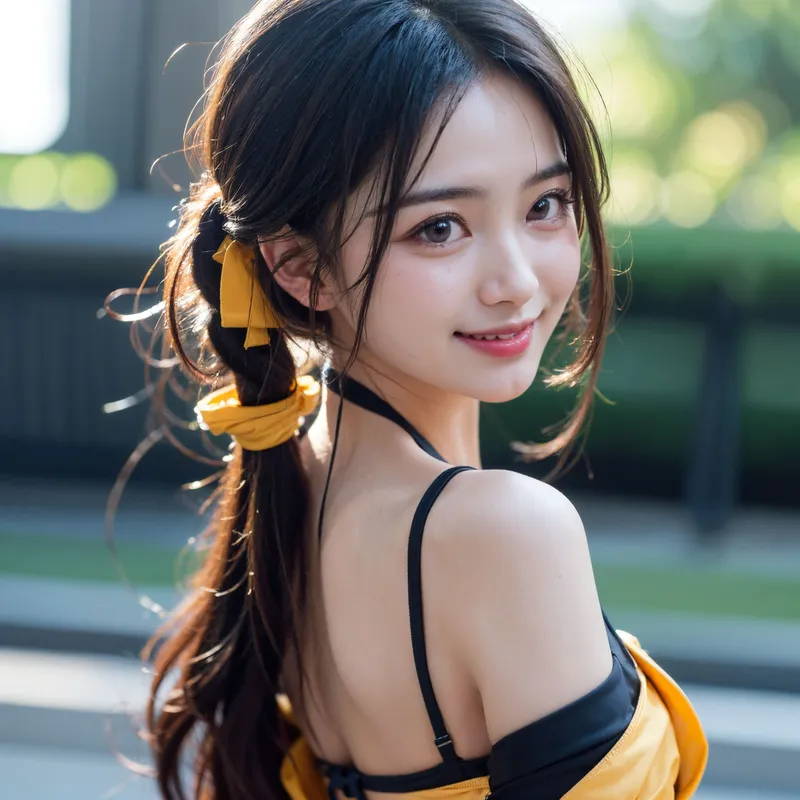 黒髪ロングヘアに黄色いリボンを結んだ清楚な美少女が、振り返り笑顔で見つめるポートレート。柔らかな逆光に包まれた屋外の背景が、優しい印象を引き立てています。