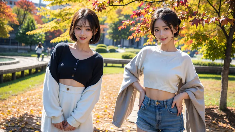紅葉に囲まれた庭園で、カジュアルなニットとデニムを合わせた二人の美少女が穏やかな笑顔を見せています。黄金に染まる秋の風景の中で、自然な雰囲気漂うポートレートです。