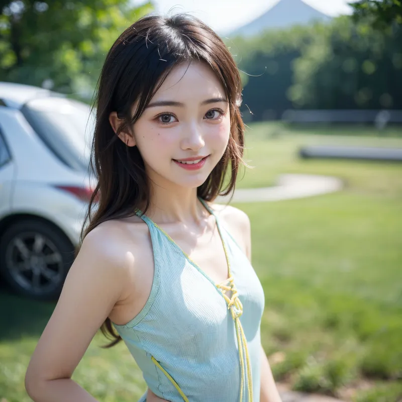 緑豊かな広場で、明るい日差しの中に佇む美少女のポートレート。淡いブルーのトップスに金色のネックレスを身につけ、黒髪が風になびく清楚な表情が印象的です。背景には白い車と広々とした草原が映り、爽やかな夏の雰囲気が漂う一枚。