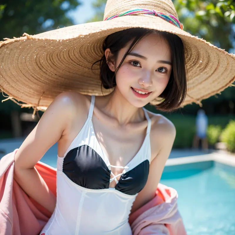 広つばの麦わら帽子を被った明るい笑顔の少女が、プールサイドで爽やかに佇む夏のイラストです。白と黒の配色が涼しげな水着姿に、ピンク色のストールを羽織った温かみのある配色で描かれています。