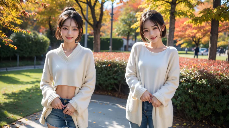 紅葉が美しい秋の公園で、クリーム色のカーディガンを羽織った二人の女性がカメラに優しく微笑んでいます。落ち葉が舞う背景と穏やかな日差しが、清潔感のある秋のポートレート写真です。