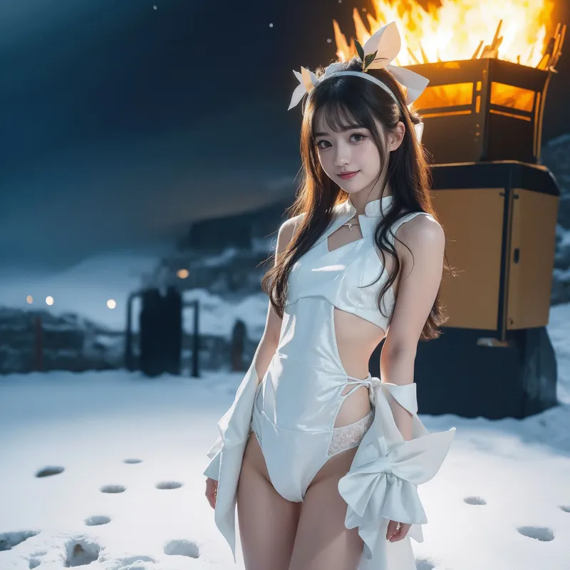 夕焼けの炎が背景に揺らぐ雪景色で、白いドレスとリボンで清楚にまとめた美少女が微笑む。夜明けの静寂と温かみのある光が織りなす幻想的な一瞬です。