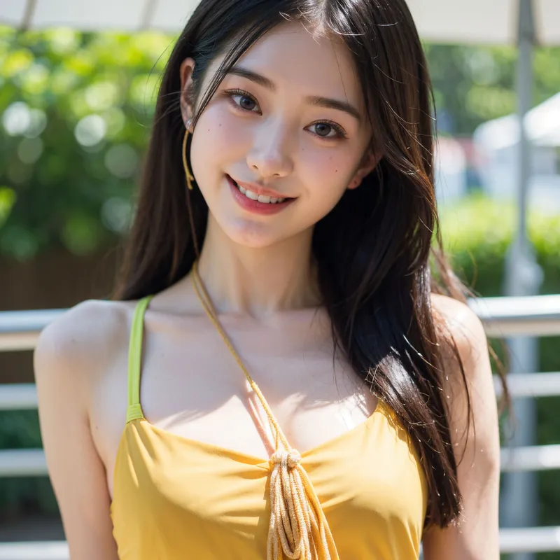 黄色のキャミソールを着た黒髪ロングの少女が、緑あふれる屋外で爽やかに微笑むポートレート。柔らかい日差しに照らされた清楚な雰囲気が印象的です。