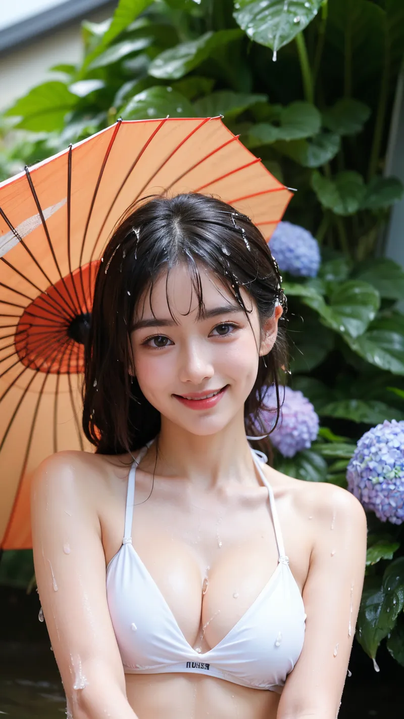 黒髪に編み込みを施し、紅い和傘を差した美少女のポートレート。雨に濡れた肌と白いトップスが清潔感を引き出し、背景の紫陽花と調和した爽やかな表情が印象的です。