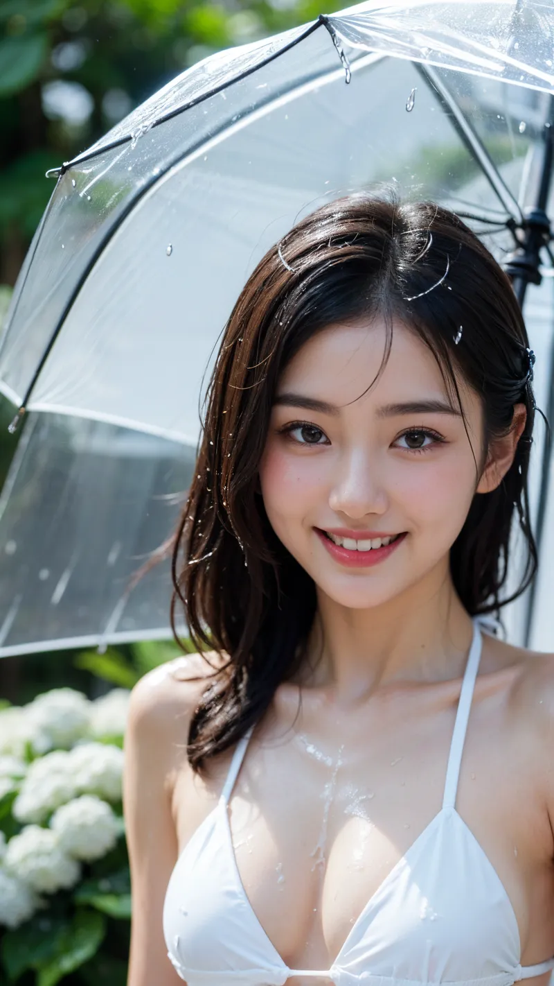 清々しい笑顔の少女が透明な傘を差して、緑の庭園で佇んでいます。白いワンピースと濡れた髪が雨の日の優雅な魅力を引き出す、爽やかなポートレートです。
