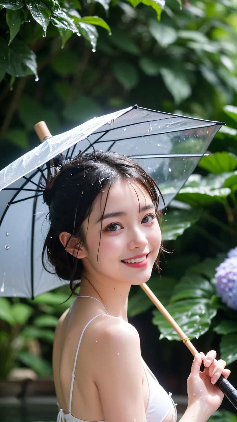 緑あふれる庭園で透明な傘を差し、しとやかな表情を見せる美少女のアニメ調イラストです。雨粒が光を反射し、白い衣装と黒髪のコントラストが引き立つ爽やかなシーンに仕上がっています。