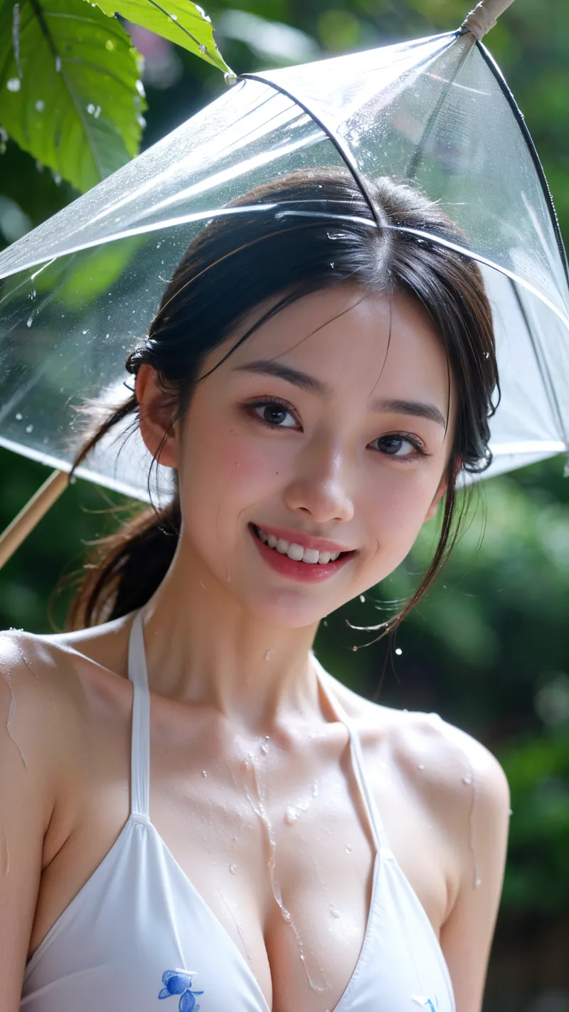 緑豊かな庭園で透明な傘を差し、白いトップスを身につけた少女が優しく微笑みかけます。雨粒がきらめく傘越しに見える爽やかな表情と、自然光が織りなす柔らかい陰影が印象的なポートレートです。