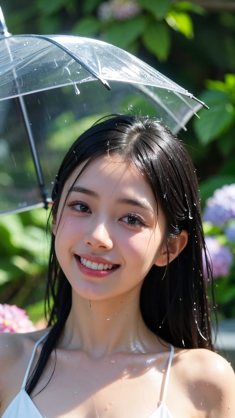 透明な傘を差して雨に濡れた黒髪の少女が、緑の植物に囲まれた庭園で清潔感あふれる笑顔を見せています。自然な光と爽やかな表情が印象的なポートレートです。