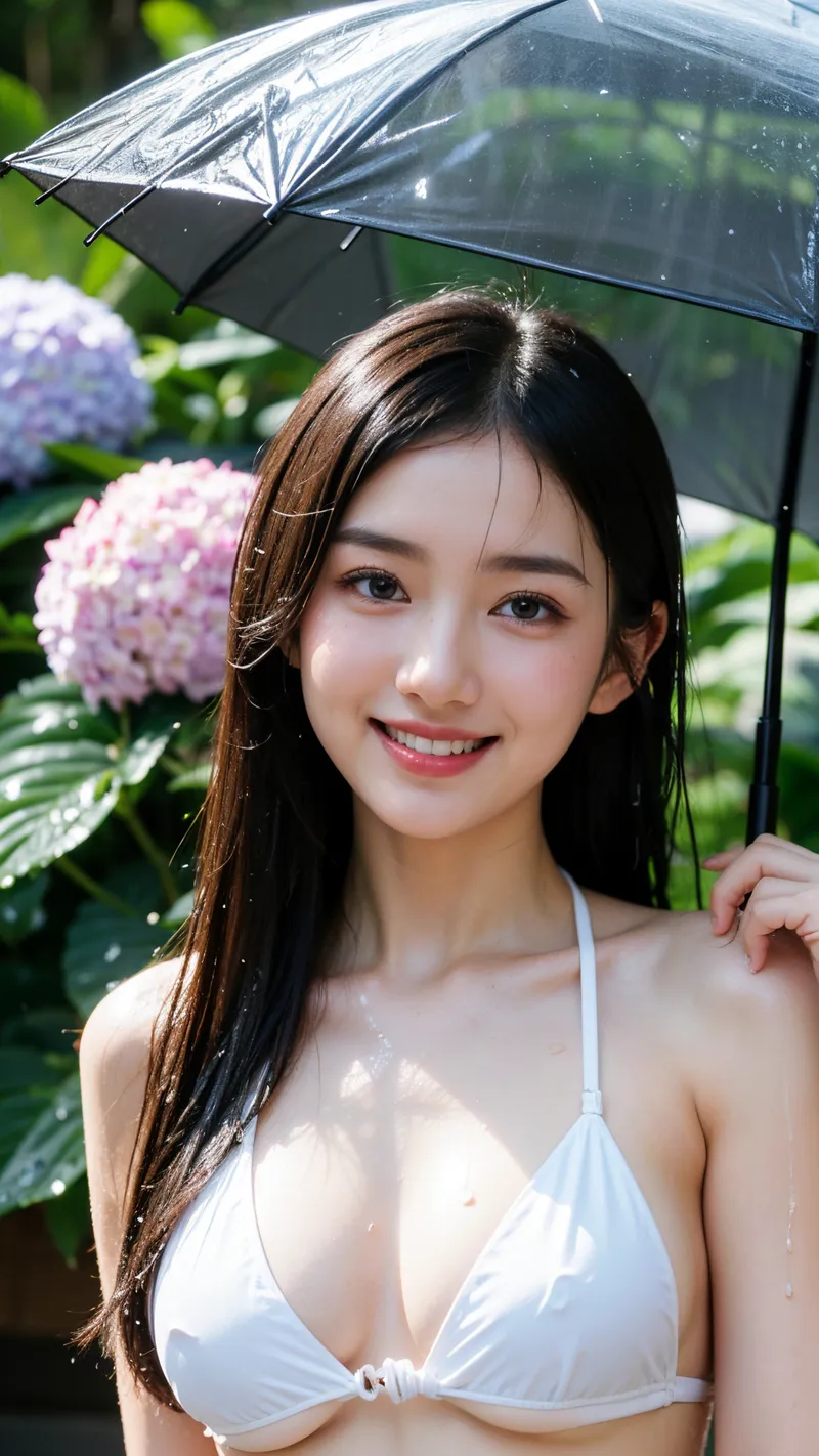 紫陽花の咲く庭園で、透明な傘を持って微笑む美少女のポートレート。白いワンピースに濡れた長髪、爽やかな表情が春雨の情景を引き立てています。