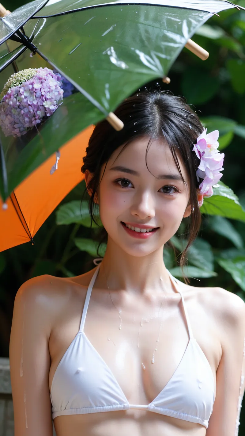 白いビキニ姿で緑色の傘を差し、紫の花飾りを髪に飾った少女が、雨の中で明るく微笑んでいます。背景には紫色のあじさいと緑の葉が映り、屋外ポートレートとして爽やかな雨の日の情景を表現した作品です。