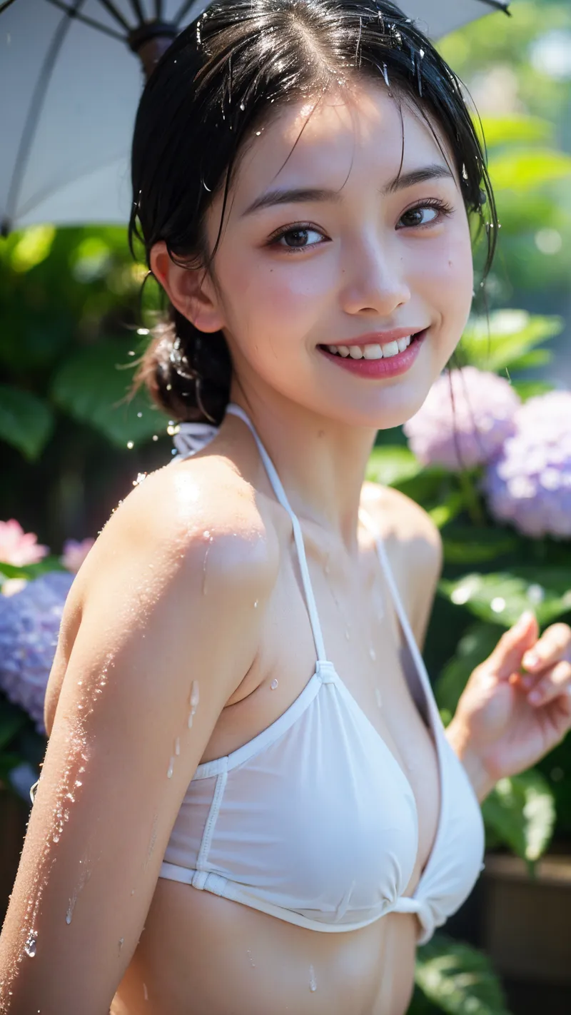 緑豊かな花園を背景に、黒髪を束ねた女性が爽やかな笑顔で振り返る。白いワンピース姿で水しぶきを浴びた肌が日差しに輝き、紫や pink の花々に囲まれた明るい夏の一瞬を捉えた清涼感あふれるポートレートです。
