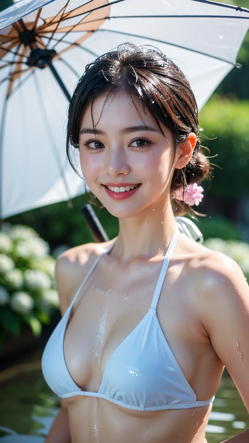 白い日傘を傘に水色の水着姿で、緑の庭園で爽やかな笑顔を見せる美少女。ピンク花の髪飾りが可愛らしく、光と影が織り成す夏らしい一枚です。
